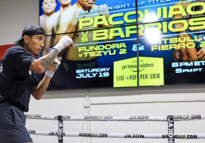 American-Mexican Mario Barrios shadow-boxes behind a Pacquiao va barrios fight poster at the Pound 4 Pound gym in Las Vegas over the weekend. Pacquiao vs Barrios fight sees champ unsure why 'Pac-Man' chose him
