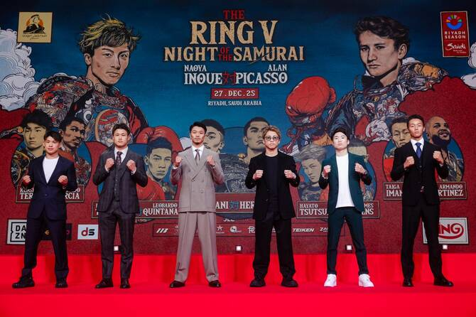 Naoya Inoue (third from rigght) and Junto Nakatani (third from left) lead six top Japanese figghters who will headline the latest boxing card by Riyadh Season in December 2025.